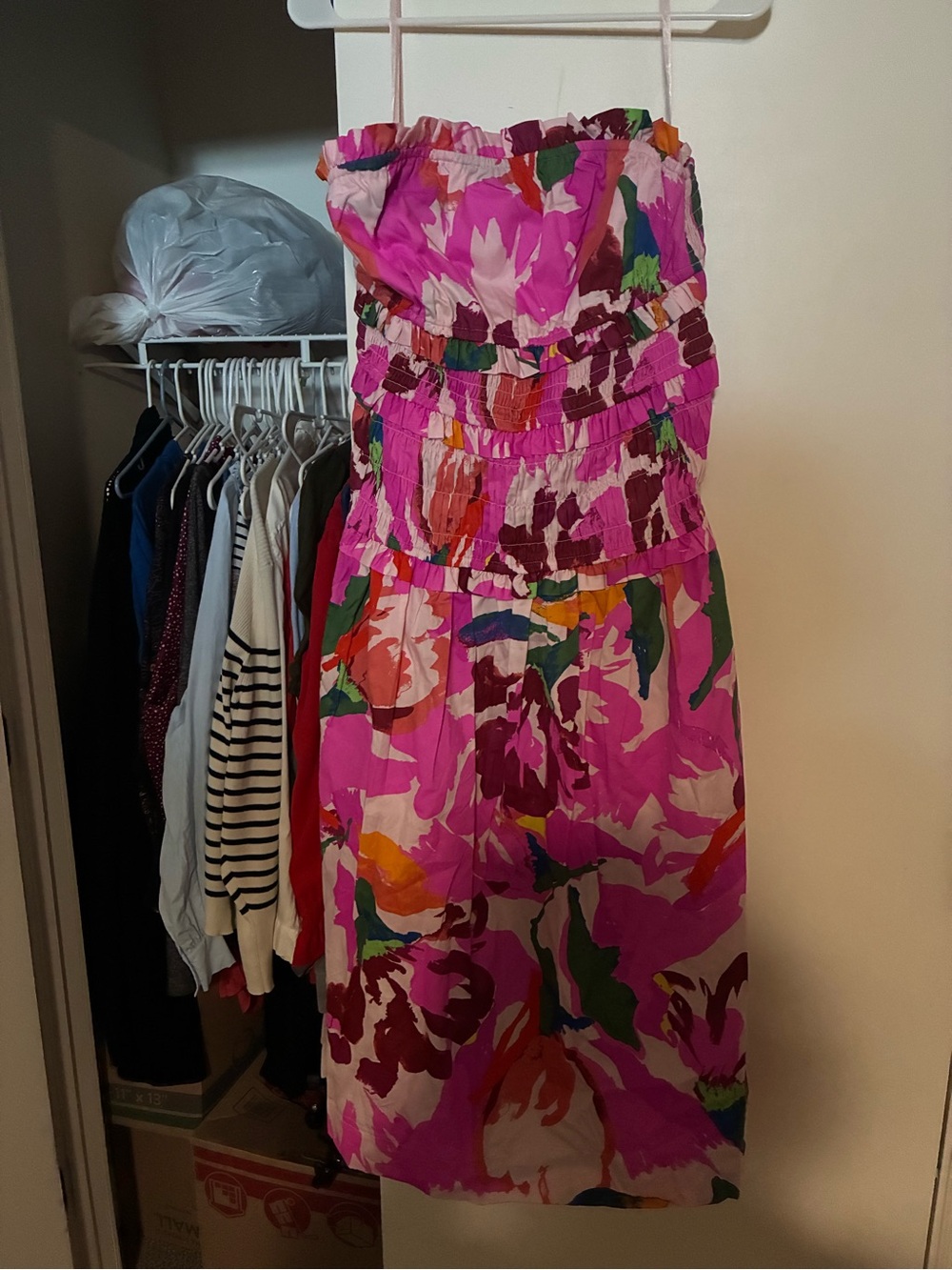 Bright Pink Floral Strapless Midi Dress with Smocked Waist